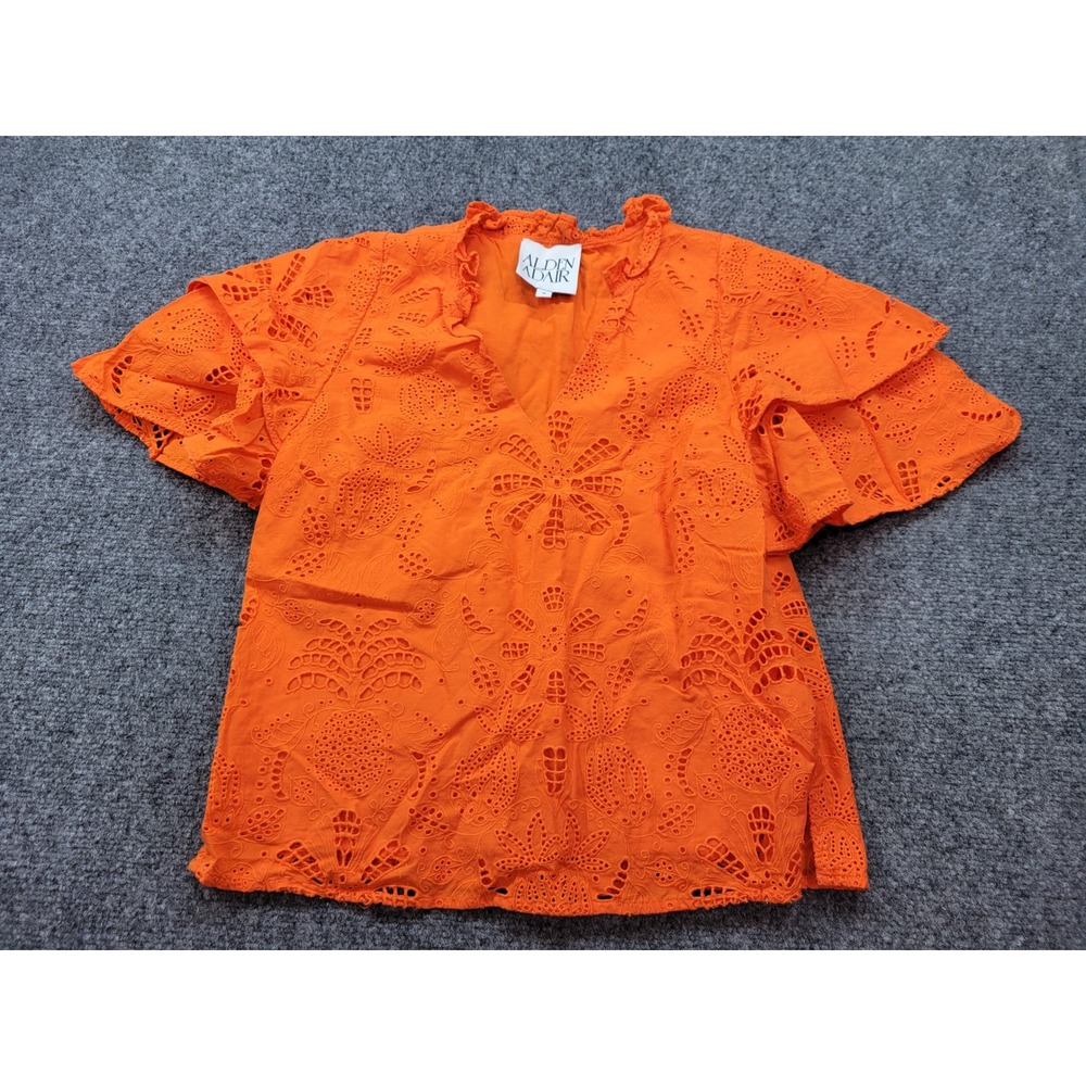 Alden Adair Orange Cotton Eyelet Ruffle V-Neck Flutter Sleeve Top Small